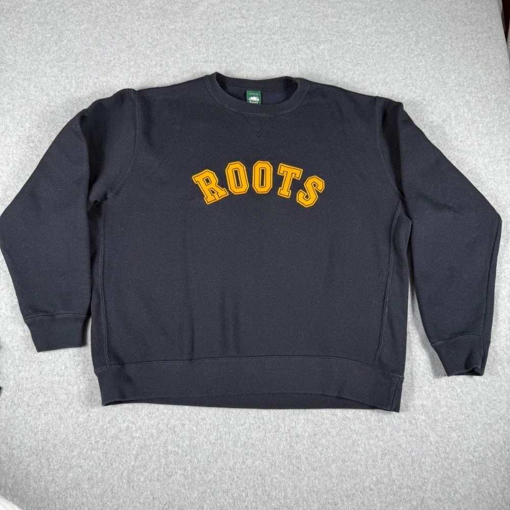 Roots 1973 Crewneck Sweatshirt L Black Gold Varsity Logo Embroidered Y2K 2003